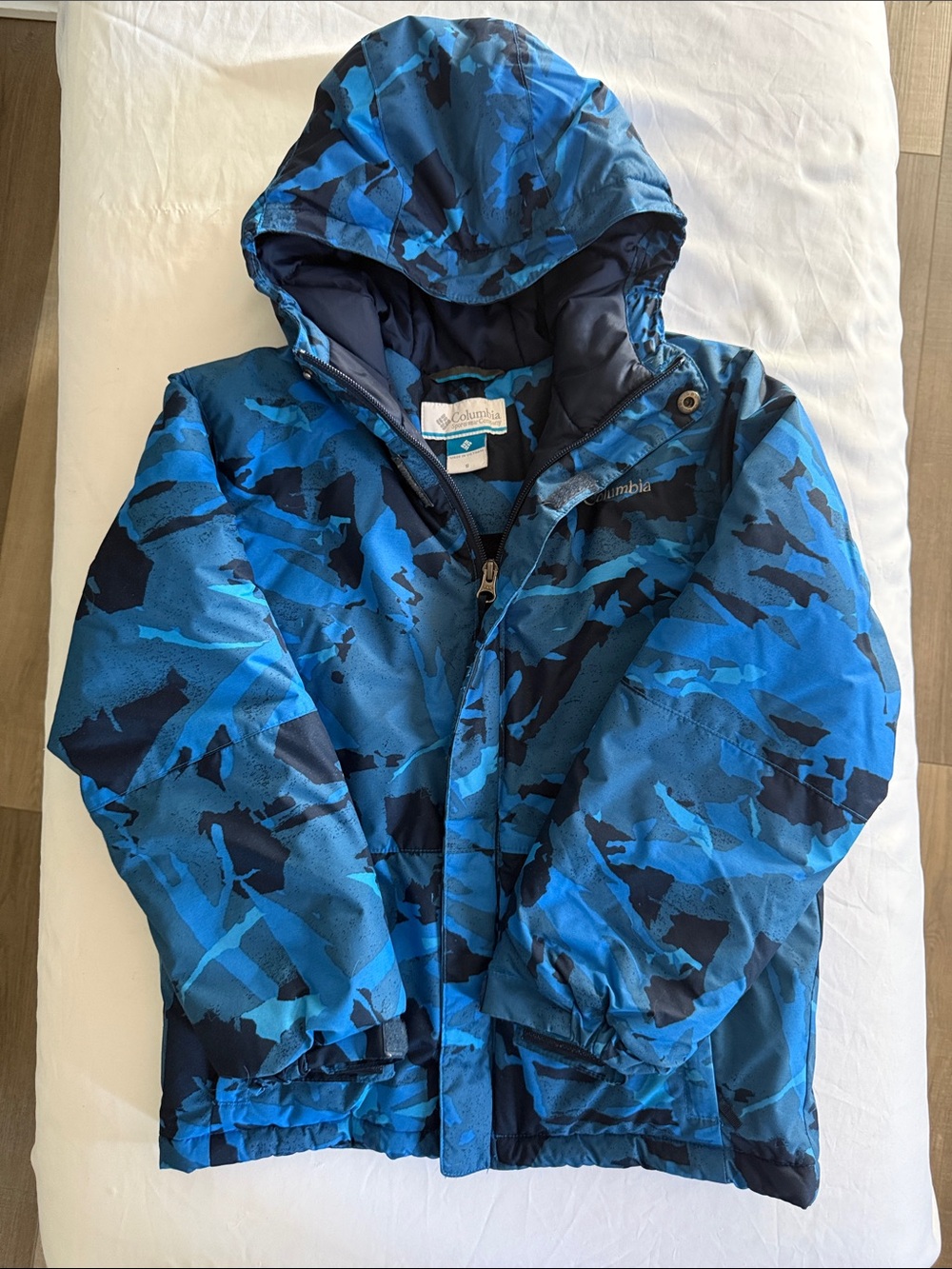 Columbia Blue and Navy Camo Hooded Kids Puffer Jacket